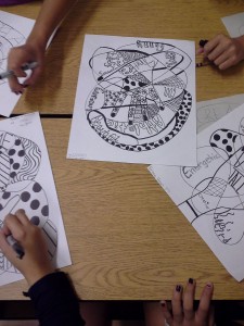 Doodle hand portraits using a variety of textures and self-descriptive words. Sharpie, pencil, marker. 7th grade.