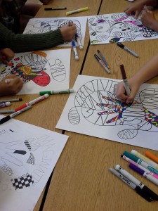 Doodle hand portraits using a variety of textures and self-descriptive words. Sharpie, pencil, marker. 7th grade.