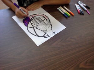 Doodle hand portraits using a variety of textures and self-descriptive words. Sharpie, pencil, marker. 7th grade.